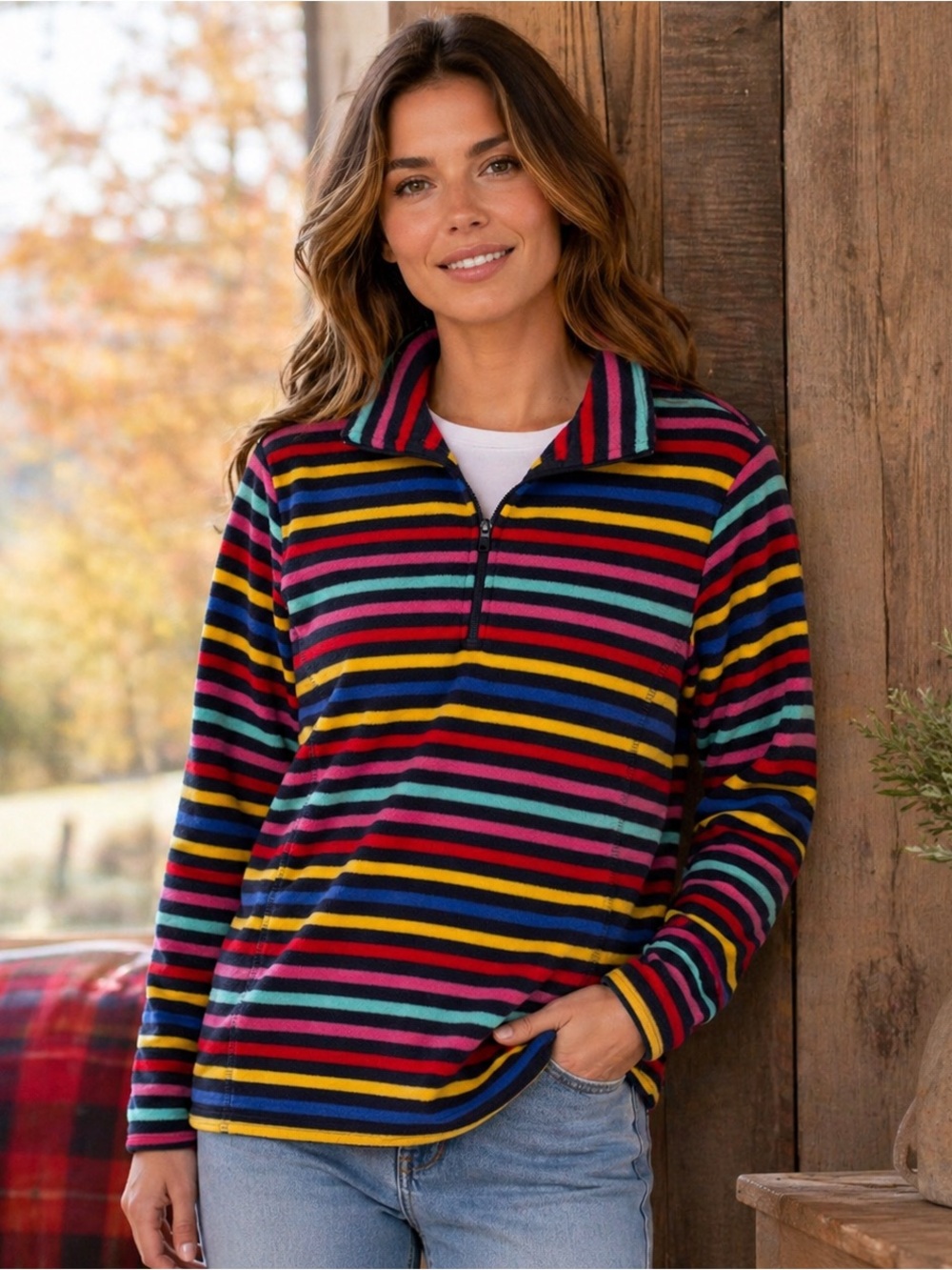 Lands’ End Striped Fleece Pullover Half Zip Multicolor Size M 10-12